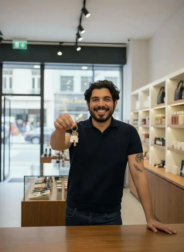 Commerçant qui présente les clés de sa boutique